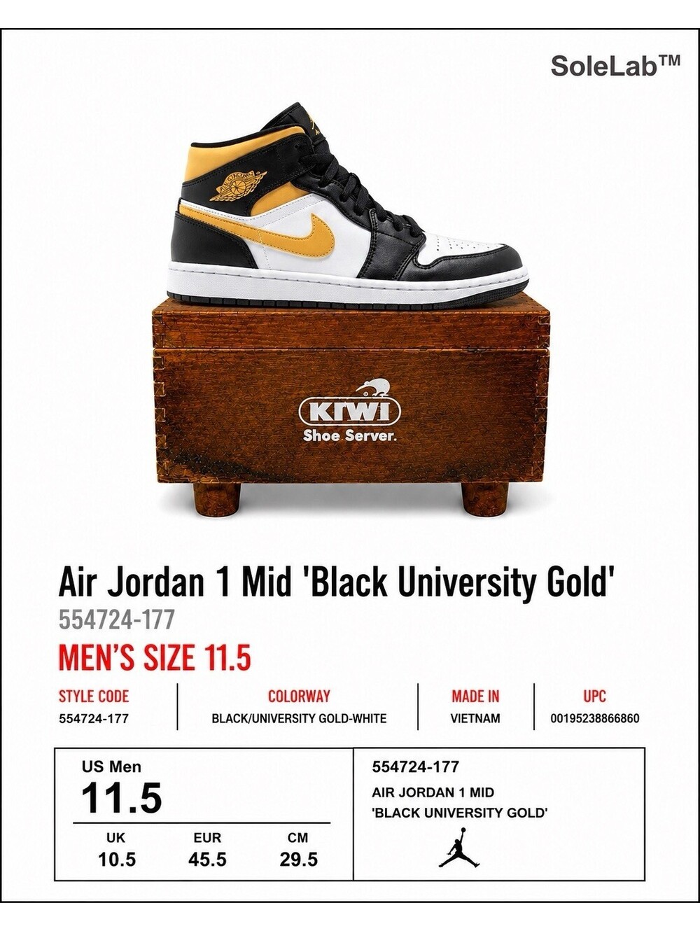 Nike Air Jordan 1 Mid Black University Gold 554724-177 Men’s Size 11.5 Clean